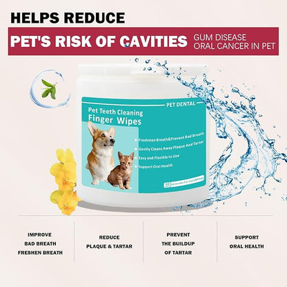 Pet Tooth Cleaning Finger Wipes (50Pcs),Dog Teeth Cleaning Wipes,Dog Dental Cleaning Finger Sleeves,Reduces Plaque &amp; Freshens Breath,Freshens Breath, Safe and Natural