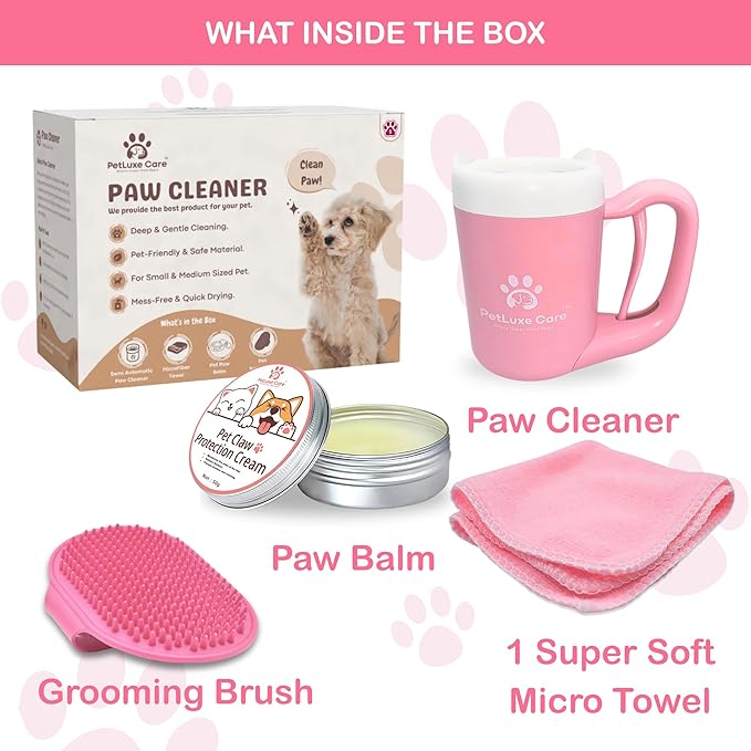Dog Paw Cleaner for Small &amp; Medium Dogs – Portable Paw Washer Cup with Soft Silicone Brush, Towel &amp; Moisturizing Balm – Gently Cleans Muddy Paws After Walks (Pink, Small)
