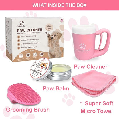 Dog Paw Cleaner for Small &amp; Medium Dogs – Portable Paw Washer Cup with Soft Silicone Brush, Towel &amp; Moisturizing Balm – Gently Cleans Muddy Paws After Walks (Pink, Small)