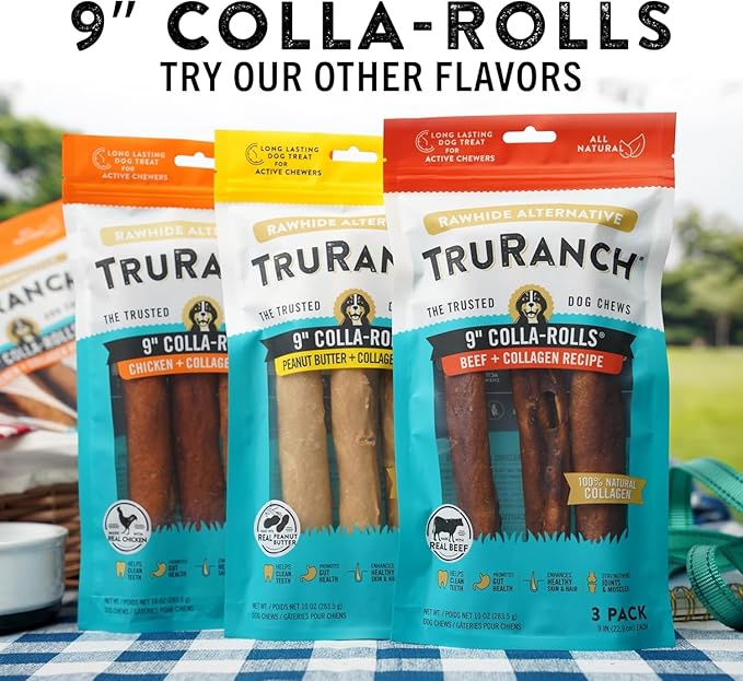 Collagen Rolls - 9" Collagen Rolls for Dogs - Long Lasting Healthy Joint Support - Rawhide Alternative - Skin &amp; Coat Health - Made with Real Peanut Butter, Value Pack, 3 Bags, 9 Count