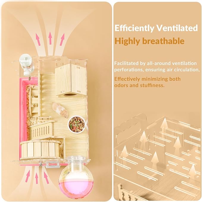 Cycodo 8 in 1 Acrylic Hamster Cage,2-Tier Dwarf Hamster Cage with Wooden Wheel &amp; Hideout,Small Hamster Habitat with Accessories,Clear Pet Mice House(Pink,14" L*10" W*11" H)