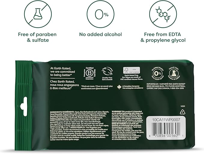 Earth Rated Vet-Developed Pet Ear Wipes, Hypoallergenic Cleaner for Dogs &amp; Cats Ears to Remove Dirt and Wax Build Up, Wild Oat Scent, 70 Count