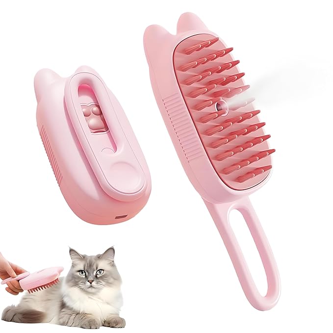 4 in 1 Cat Steam Brush Rechargeable pet spray comb Steam Brush for Cats and Dogs, Massage, Cleaning, Shedding &amp; Combing Multifunctional Hair Removal Anti Static Grooming Tool for home (Pink)