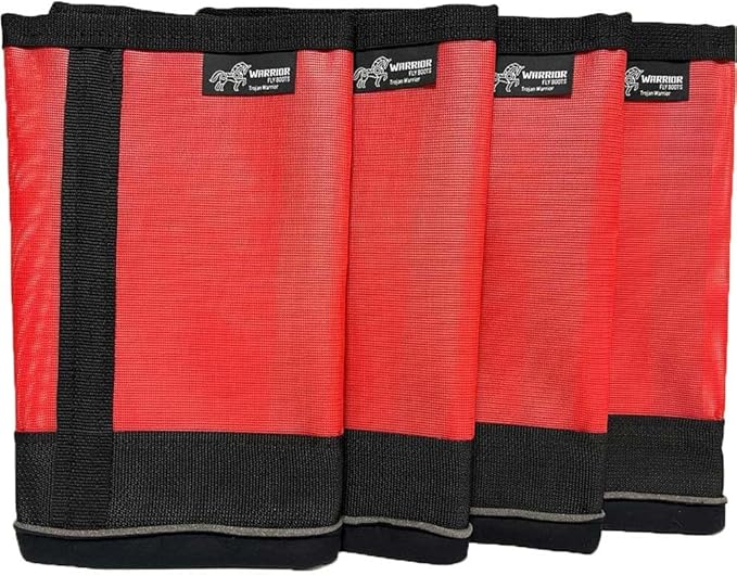 Warrior Fly Boots for Horses - Breathable Mesh Horse Boots for Fly Protection &amp; Leg Comfort - Set of 4 (Trojan Warrior, Red)