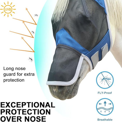 Horse Fly Mask with Ears &amp; Long Nose Cover | Forelock Opening for Tangle-Free Mane Care | UV Protection &amp; Breathable Mesh | No Rub Fit and Enhanced Visbility for Trail Riding RoyalBlue Pony
