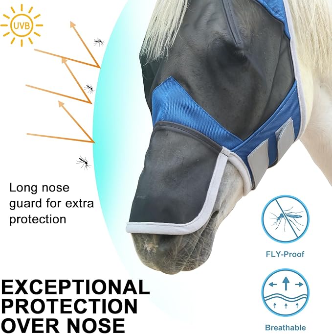 Horse Fly Mask with Ears &amp; Long Nose Cover | Forelock Opening for Tangle-Free Mane Care | UV Protection &amp; Breathable Mesh | No Rub Fit and Enhanced Visbility for Trail Riding RoyalBlue Full
