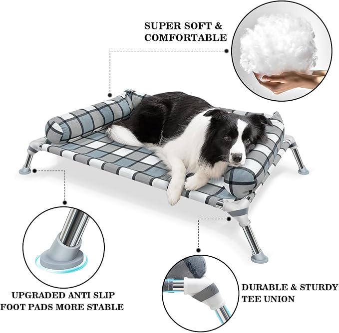 Elevated Raised Dog Bed Cot - Cooling Raised Dog Beds with Bolster Portable Washable Pet Cot Bed with Metal Frame Dogs Hammock Bed for Indoor &amp; Outdoor