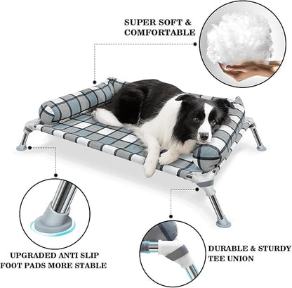 Elevated Raised Dog Bed Cot - Cooling Raised Dog Beds with Bolster Portable Washable Pet Cot Bed with Metal Frame Dogs Hammock Bed for Indoor &amp; Outdoor