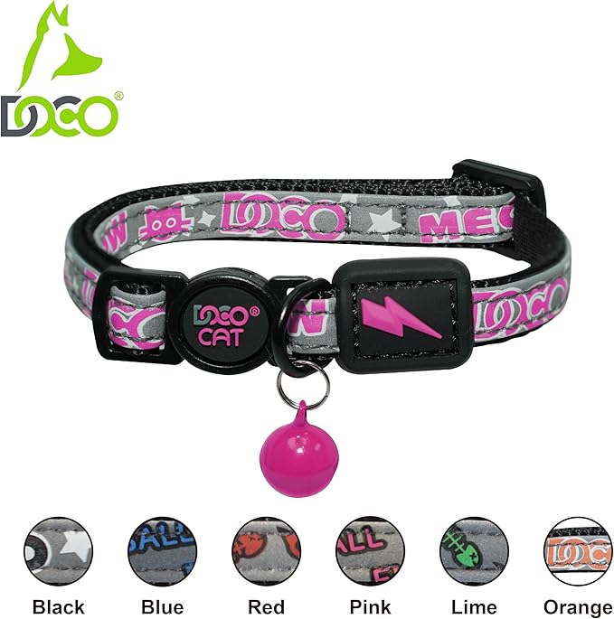 DOCO Cat Collar (Neck Girth - 3/8" x 7.5-12", Weight Upto - 13lb) Reflective Cat Collar with Bell, Breakaway Safety Buckle, Adjustable Nylon Strap for Kittens &amp; Adult Cats (Lime)