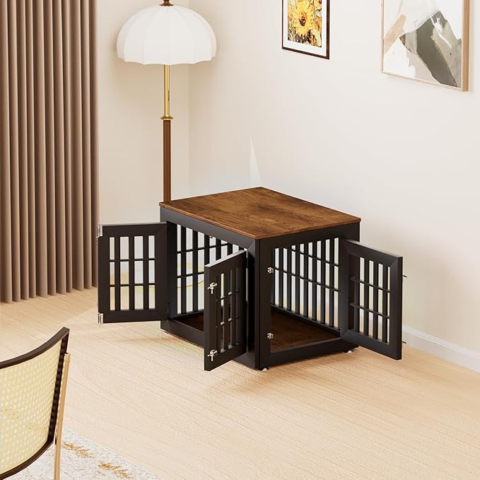 32" Heavy Duty Dog Crate Furniture for Small,Medium and Large Dogs,Rustic Wooden Dog Cage Kennel Indoor Furniture with Waterproof Top,Decorative Pet House Side End Table (Black &amp; Wood)