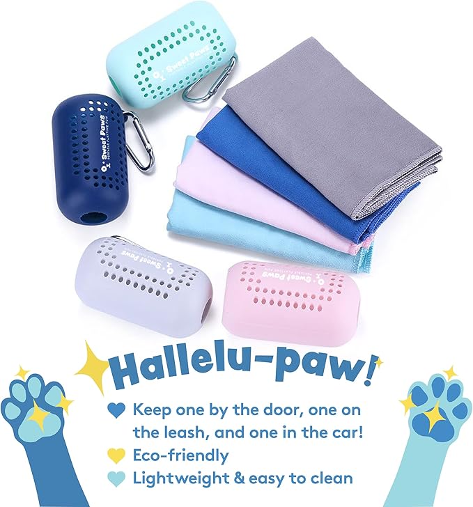 Sweet Paws Portable Dog Paw Towel, Lightweight &amp; Super Absorbent Microfiber, Clips onto Leash, Quick Drying Towel for Dogs Paws with Silicone Case, Dry Dog’s Paws on The Go - 3 Pieces Set - Large