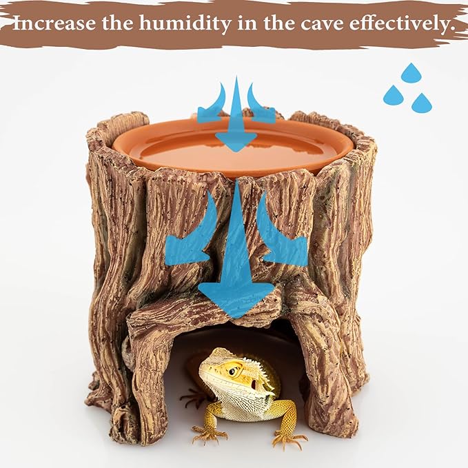 Reptile Hide Cave Resin – Moisture Keeping Reptile Shelter with Clay Water Basin for Leopard Gecko, Snake, Lizard, Amphibians – Humidifying Help Shedding &amp; Natural Habitat Design,2in1