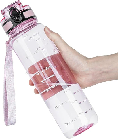 OLDLEY 32 oz Water Bottle, Motivational Water Bottle with Time Marker, Sports Water Bottle With Strap, Leakproof &amp; BPA Free Large Water Bottles for School, Gym, Travel, Tritan, Transparent Pink