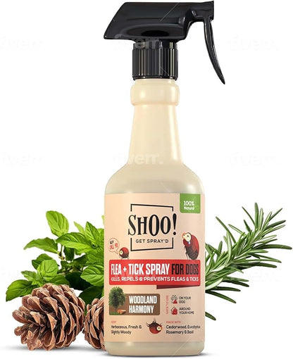Shoo! Flea &amp; Tick Spray for Dogs and Home | Plant Based, Natural Oils, Chemical Free Formula | Kills, Repels, Prevents | 16 oz (Woodland Harmony)