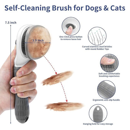 5 in 1 Dog Grooming Kit - Self-Cleaning Slicker Brush for Shedding Short Long Haired Dogs &amp; Cats, Includes Pet Comb, Flea Comb, Bath Brush, Undercoat Rake - Complete Fur Care Set - Gray