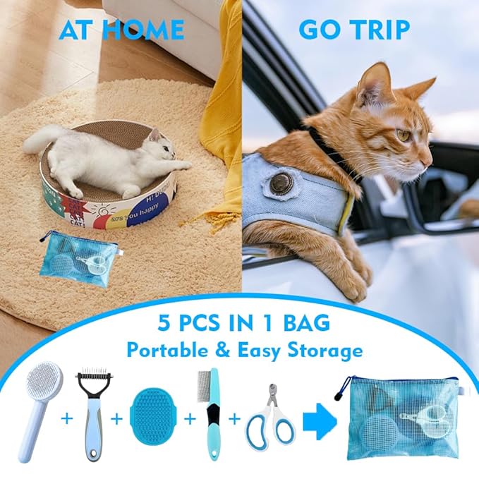 Grooming Brush Kit - 5pcs for Shedding &amp; Matted Fur, Self-Cleaning with Flea Comb for Indoor Long-Haired Cats, Blue