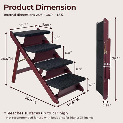 BRIKY Wooden Dog Stairs/Steps - Foldable 4 Steps Dog Steps for High Bed Couch Cars, Non-Slip Pet Stairs for Small Large Medium Dogs and Cats, No Assembly Required
