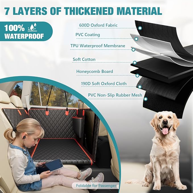 Waterproof Dog Car Seat Cover for Back Seat – Heavy Duty Back Seat Extender for Dogs with Hard Bottom, 7-Layer Protection, Non-Slip &amp; Scratchproof, Easy to Install (Red)