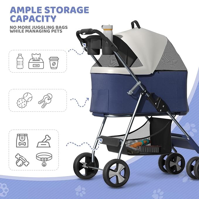 Magshion Foldable Pet Stroller, 3-in-1 Dog Travel Jogger with Detachable Carrier, Cup Holder, Storage Basket, Folding Carrier for Small/Medium Dogs &amp; Cats Up to 33 lbs, Navy Blue