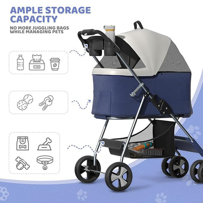 Magshion Foldable Pet Stroller, 3-in-1 Dog Travel Jogger with Detachable Carrier, Cup Holder, Storage Basket, Folding Carrier for Small/Medium Dogs &amp; Cats Up to 33 lbs, Navy Blue