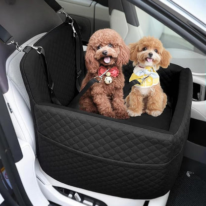 Dog Car Seat for Small &amp; Medium Dogs Under 35lbs, Detachable &amp; Washable Pet Car Seat, Interior Height 6 Inches Pet Travel Bed with Storage Pockets and 2 Dog Safety Belts (Black)