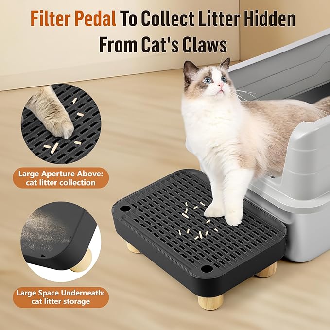 Cat Litter Box Step Ramp, Cat Litter Catcher Mat with Wooden Feet, Filter Function, Cat Pedal Stool for Self-Cleaning Cat Litter Box, Ideal for Kitten &amp; Elderly Cats (Black)