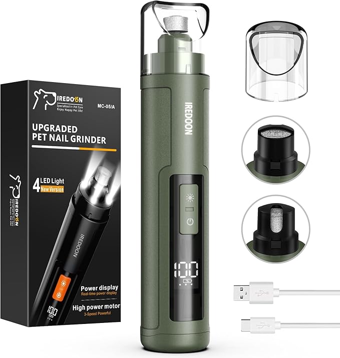 Dog Nail Grinder Upgraded - Professional 3-Speed Super Quiet and Low Vibration Electric Pet Nail Grinder with 4 LED Lights - Painless Paws Grooming &amp; Smoothing for Small to Large Dogs (Green)