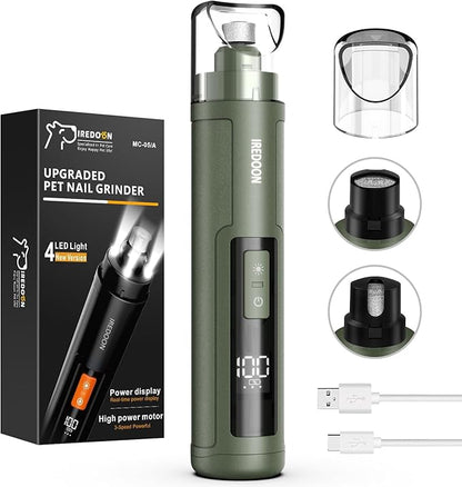 Dog Nail Grinder Upgraded - Professional 3-Speed Super Quiet and Low Vibration Electric Pet Nail Grinder with 4 LED Lights - Painless Paws Grooming &amp; Smoothing for Small to Large Dogs (Green)