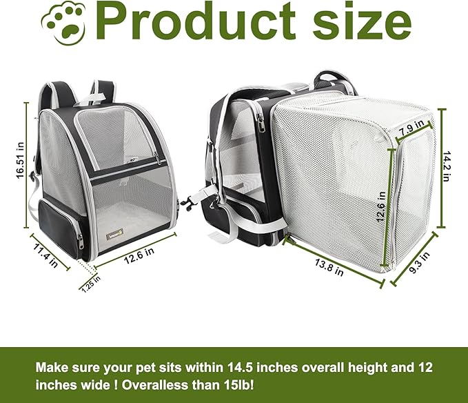 Texsens Cat Backpack - Expandable Pet Carrier for Medium Cats and Small Dogs up to 17 lbs - Breathable, Collapsible &amp; Soft Cat Travel Bag for Outdoor Hiking (Black)