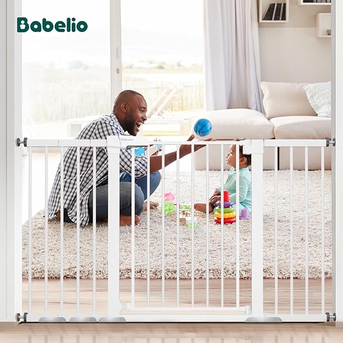 BABELIO 36" Tall Baby Gate, 29-55" Auto Close Pressure Mounted Dog Gate for Doorways &amp; Hallway, Pressguard Basics Easy Walk Thru Pet Gate, Extra Wide Metal Child Gate, White