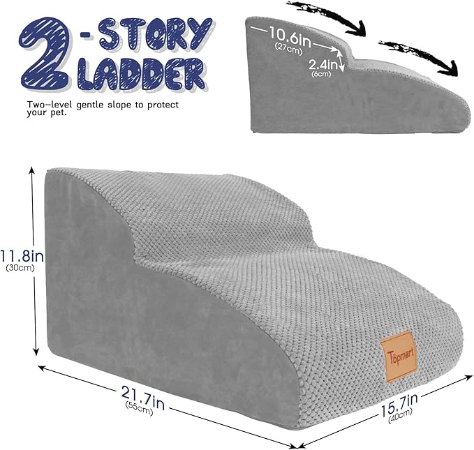 Topmart High Density Extended Foam Dog Ramp&amp;Steps 2 Tiers,11.8" High,Non-Slip Dog Stairs,Soft Foam Pet Ladder with Waterproof Cover,Best for Injured,Older Cats,Pets with Joint Pain