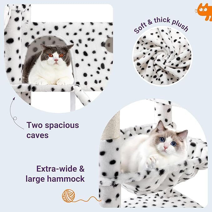 Allewie 81 Inches Tall Cat Tree/Multi-Level Large Climbing Tree House and Towers for Big Feline/Condo and Hammock/Scratching Post/Wide Base/White &amp; Black Spot