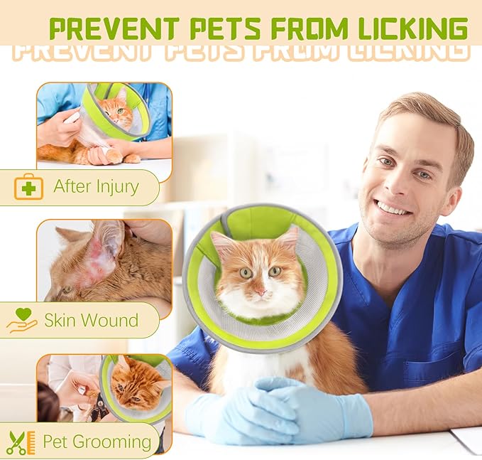 Breathable Air Mesh Cat Cone Collar Soft to Stop Licking, Adjustable, Foldable Lightweight Kitten Cones After Surgery Recovery for Cats &amp; Kittens (Green, M)