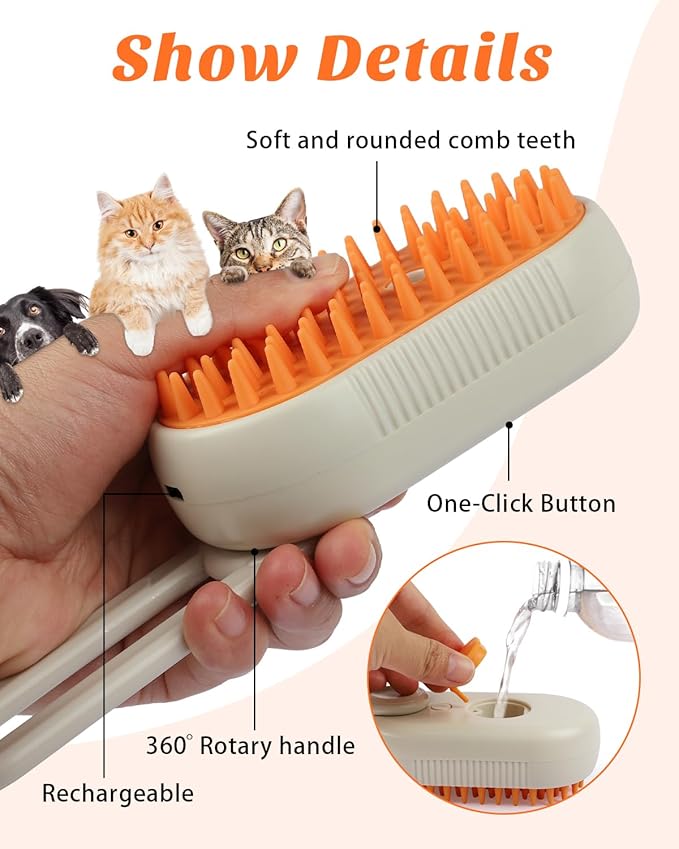 6 in 1 Cat Steam Brush for Shedding, Portable Anti-Static Grooming Comb for Cats &amp; Dogs, Steam Misting Water Brush, Self-Cleaning Pet Hair Remover, Indoor Cat Spray Brushes for Cats &amp; Dogs