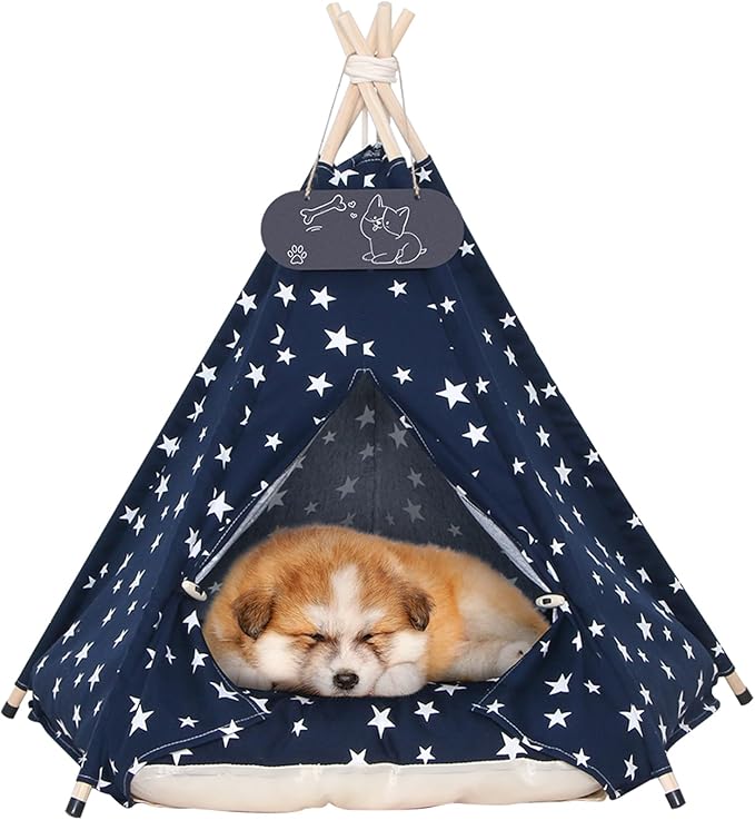 Pet Teepee Tent for Dogs &amp; Cats Dog Bed with Thick Cushion Puppies Play House Removable and Washable