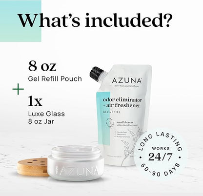 Azuna Air Freshener &amp; Odor Eliminator for Strong Odor | 1 Room Kit Includes (1) Empty Luxe Glass Jar &amp; 8oz Refill with Tea Tree Essential Oil Gel | Amalfi Breeze | Last 60-90 Days