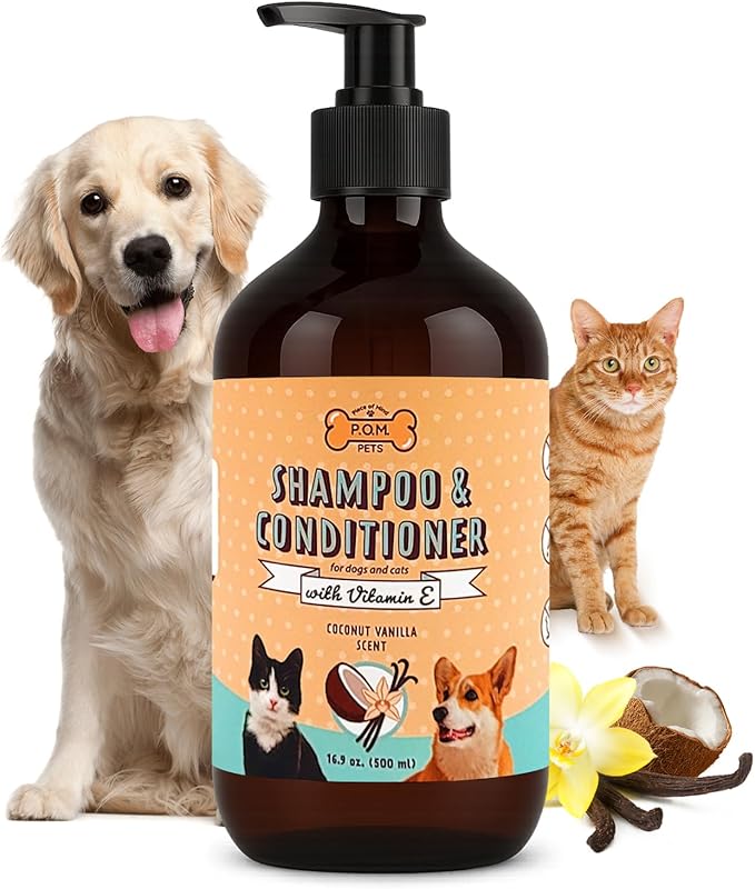 POM Pets 2-in-1 Organic Dog Shampoo &amp; Conditioner – Itchy Skin Relief, Dog Deshedding, Detangles Fur, Cat Shampoo, Paw Cleaner for Dogs, Natural Coat Defense Formula