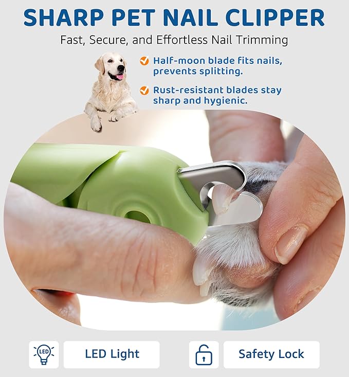 Pet Nail Clipper with Light for Cats &amp; Small Dogs Puppies, Ultra Bright LED to Illuminate Nail Bloodline to Avoid Over Cutting, Extra-Sharp and Durable Cat Claw Trimmer with Nail File (Green)