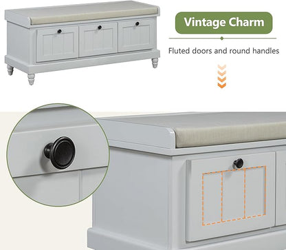 Classic Shoe Storage Bench with Cushion and Three Drawers, Fluted Entryway Bench with Storage for Entryway, Living Room, Hallways 44.0" L x 15.9" W x 18.9" H Gray Wash