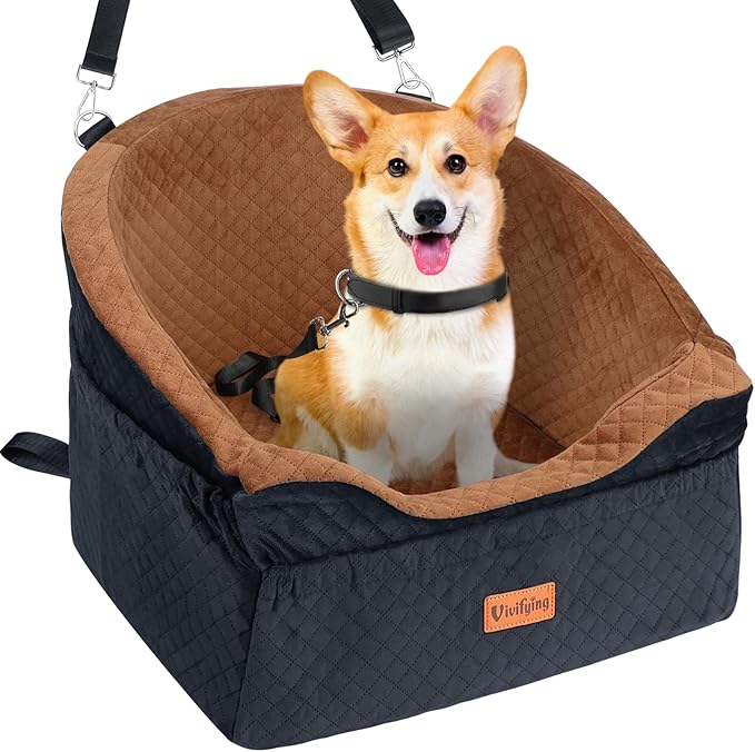 Vivifying Dog Car Seat for Small &amp; Medium Dogs, Detachable &amp; Washable Booster Seat for Pets Up to 30lbs, Travel Bed with Storage Pockets and Safety Belt – Brown&amp;Black
