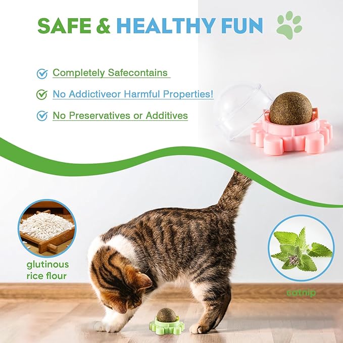 4 Pack Catnip Balls Roller Wall Ball for Cats Spinning Catnip Station Licking Balls Organic Cat nip Chew Ball for Teeth Cleaning &amp; Play