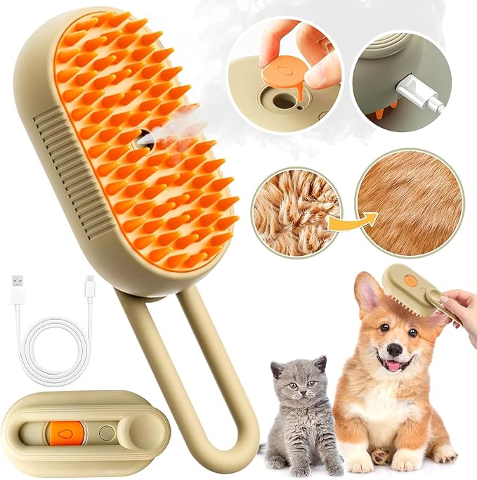 Cat Steam Brush for Shedding, 2025 New 4 in 1 Rechargeable Steam Pet Brushes for Cats &amp; Dogs, Indoor Anti-static Pets Brush for Massage, Cleaning, Shedding &amp; Combing Hair (Beige)