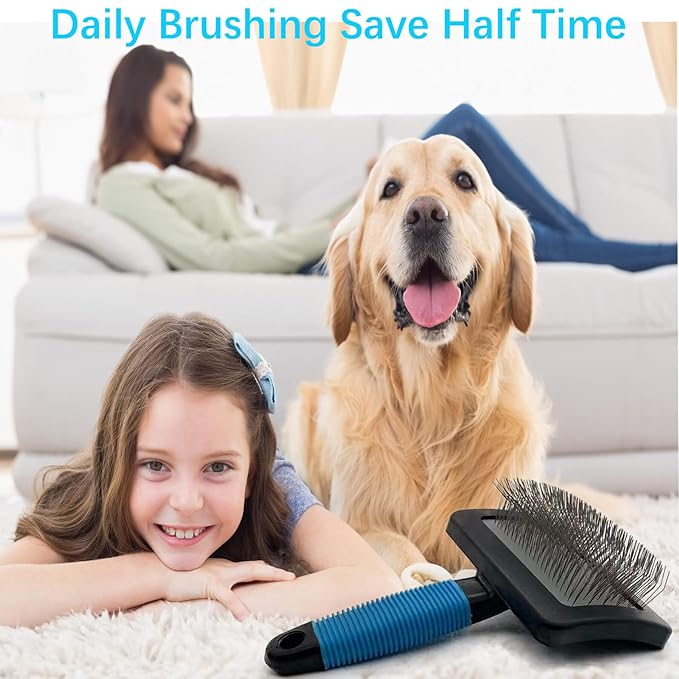 Dog Brush for Long Haired Dogs - Large Firm Slicker Brushes for Poodles, Goldendoodles &amp; Shedding Grooming - Soft Massage Stainless Steel Pins (25mm/1") - Gentle Pet Grooming Wire