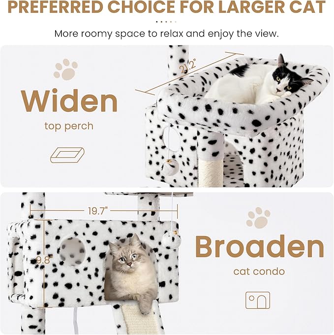 SHA CERLIN 65in Larger Cat Tree Tower Condo for Indoor Kitties/Multi-Level Furniture Activity Center with Wide Base/Cozy Plush Perches/Baskets/Sisal Scratching Posts and Hammock/White &amp; Black Spot