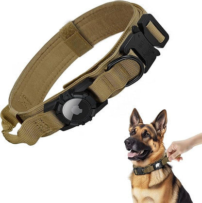 Tactical AirTag Dog Collar - Heavy Duty, Adjustable GPS Collar Compatible with Apple AirTag, with Holder &amp; Control Handle for Medium/Large Dogs [ Brown, L ]