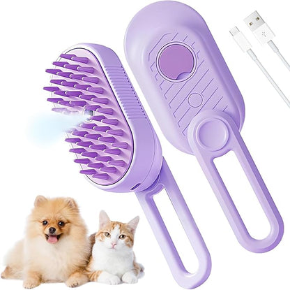 Cat Steam Brush for Shedding, 2025 New 4 in 1 Rechargeable Steam Pet Brushes for Cats &amp; Dogs, Indoor Anti-static Pets Brush for Massage, Cleaning, Shedding &amp; Combing Hair (Purple)