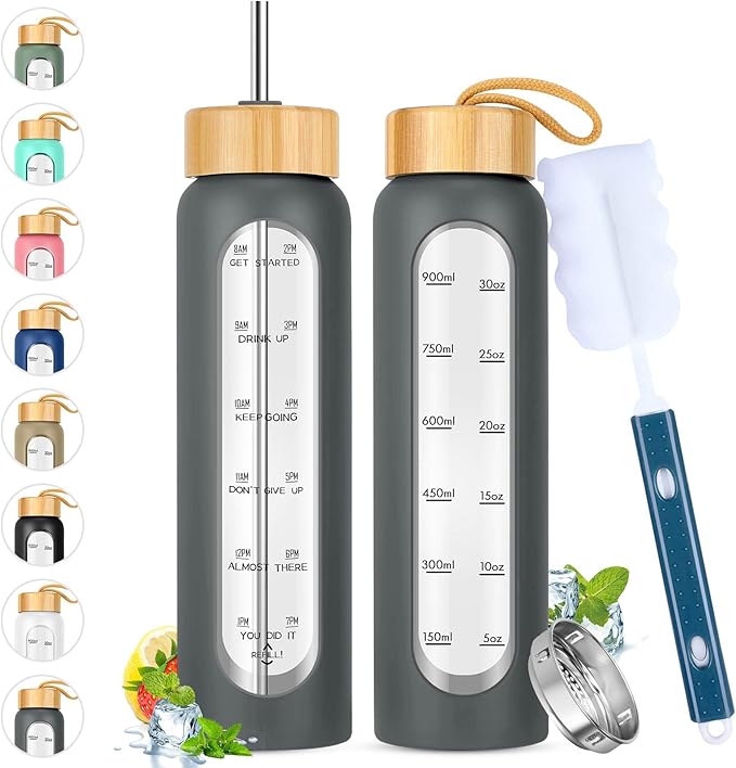 32 oz Glass Water Bottle with Straw - Motivational Time Marker &amp; Silicone Sleeve - Reusable Tumbler Includes 2 Bamboo Lids &amp; Fruit Infuser - 1 Pack