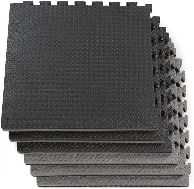 Xspec 1" Extra Thick 48 sq ft Reversible EVA Gym Foam Floor Mat Tiles (24" x 24"), Steel Pattern, 12 pcs, Black &amp; Grey