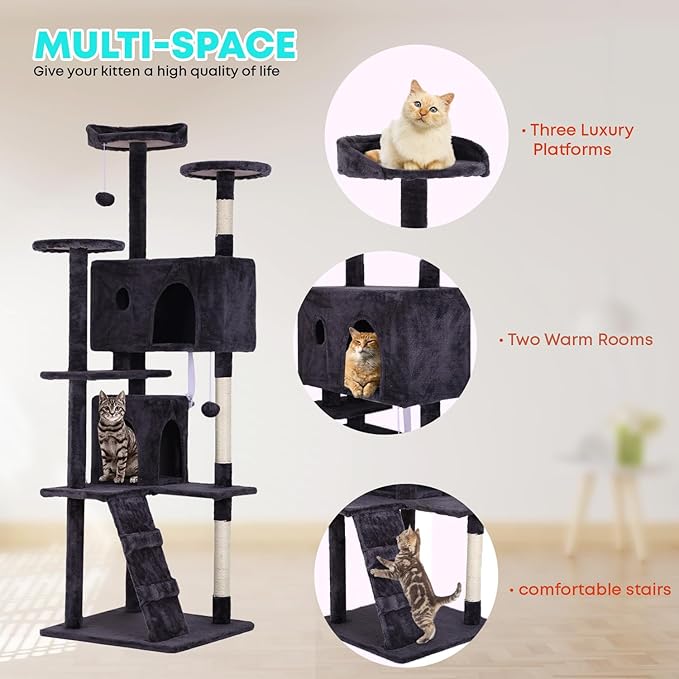 FDW Cat Tree 70in Cat Tower Multi-Level Durable Cat Scratching Post &amp; Cozy Fun Cat Jumping Platform Space Saving Cat Condo Pet Play House for Indoor Cats,Ashy
