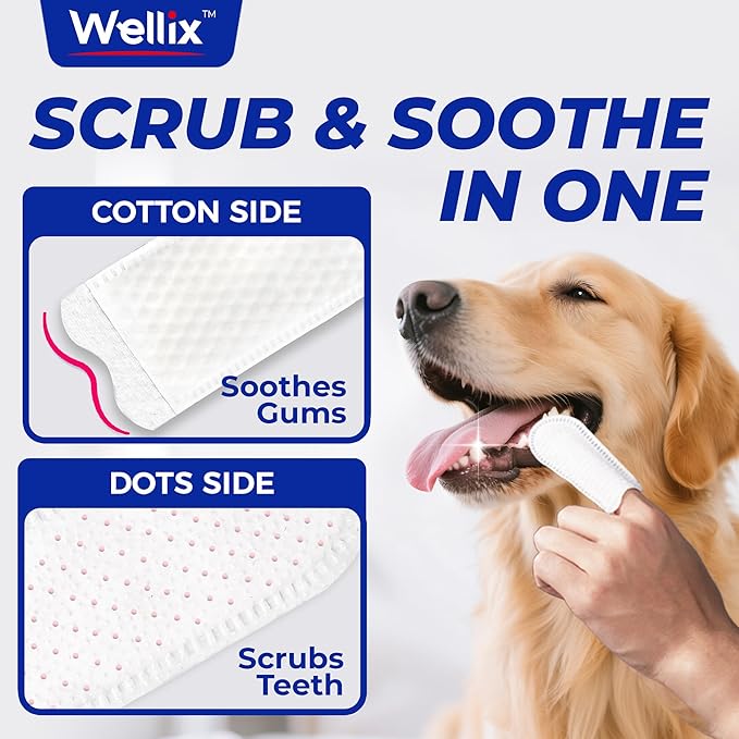 Wellix 100 Count Dog Teeth Cleaning Wipes for Dogs &amp; Cats - Natural Formula Dental Care Finger Wipes Reduces Dog Plaque, Tartar &amp; Bad Breath - No-Rinse Disposable Dog Dental Wipes